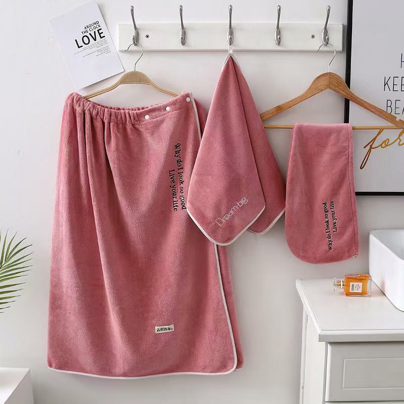 Three-piece set of bath skirt, bath cap, towel with embroidered words, women's absorbent bath towel, home life store, high-quality coral fleece cover towel Item Picture