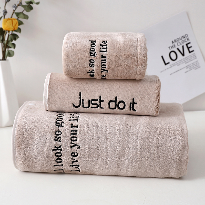 Three-piece set of bath skirt, bath cap, towel with embroidered words, women's absorbent bath towel, home life store, high-quality coral fleece cover towel detail image 8