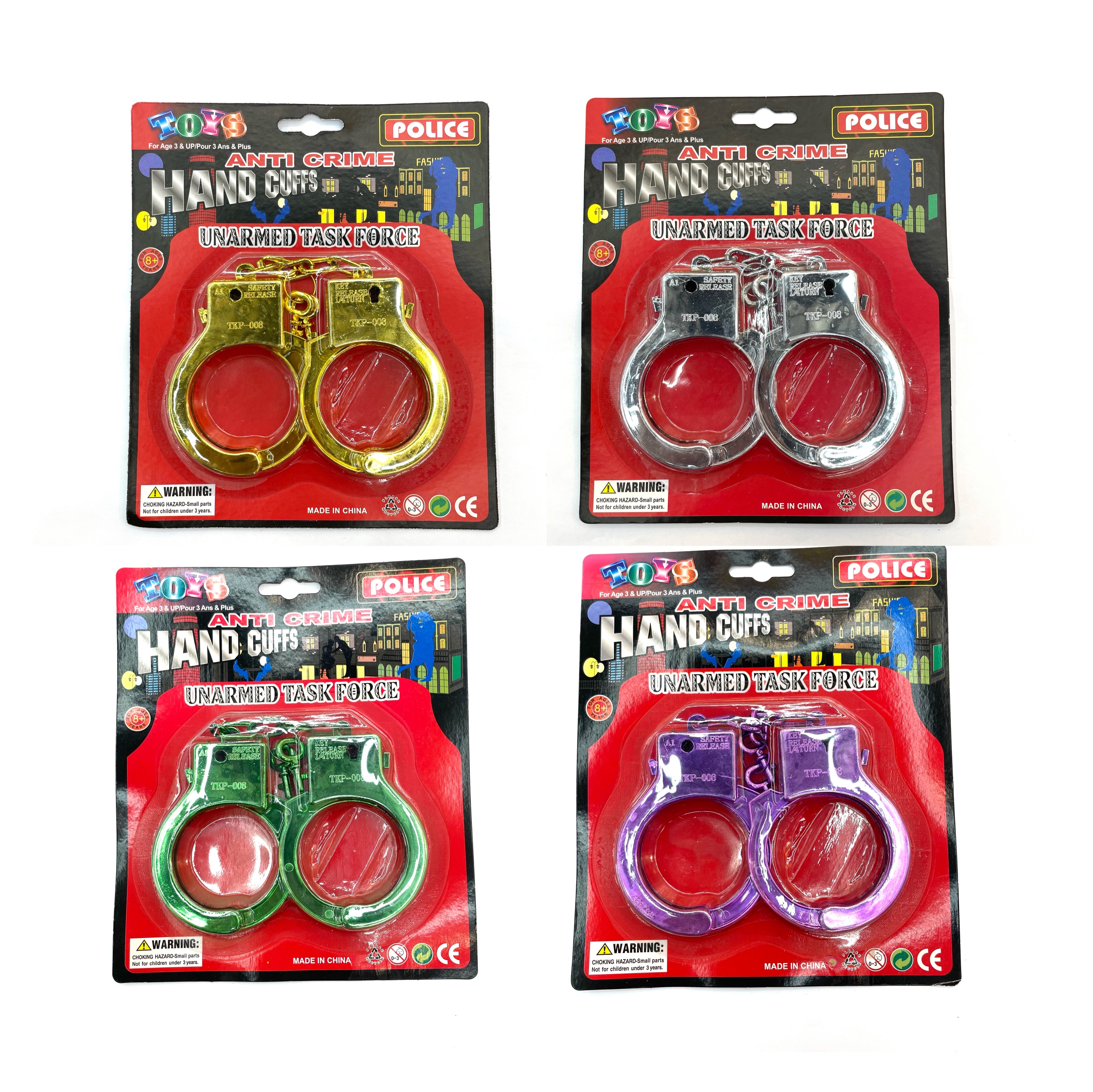 莉颖玩具玩具手铐电镀塑料手铐儿童玩具手铐真空镀膜吸塑纸卡手铐万圣节玩具手铐万圣节产品008吸塑红版蓝色手铐详情图1