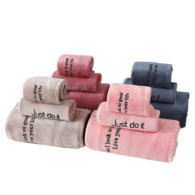 Three-piece set of bath skirt, bath cap, towel with embroidered words, women's absorbent bath towel, home life store, high-quality coral fleece cover towel detail image 5