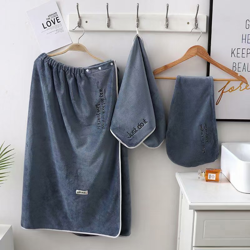 Three-piece set of bath skirt, bath cap, towel with embroidered words, women's absorbent bath towel, home life store, high-quality coral fleece cover towel details Picture