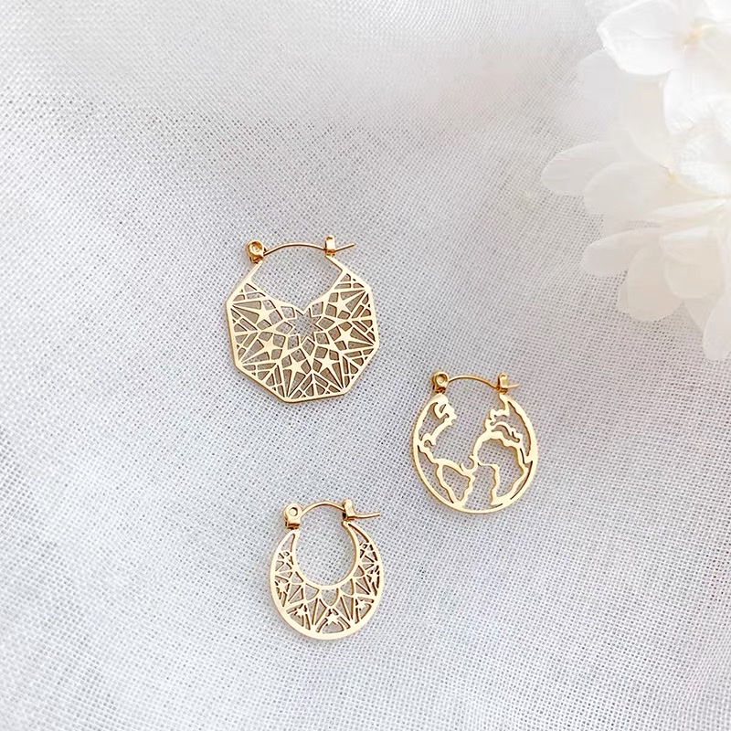 Niche hollowed-out earrings for women, made of titanium steel, exude a sense of sophistication and elegance. Earth circle ear loops pic 3