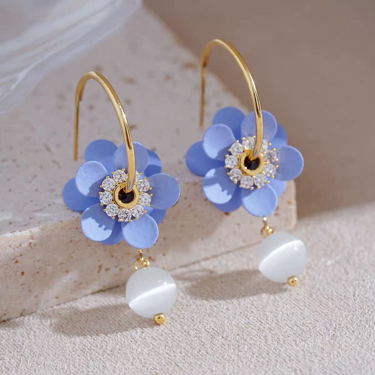 Blue flower earrings, gentle stud earrings, summer freshness earrings, Jieya steel jewelry details Picture