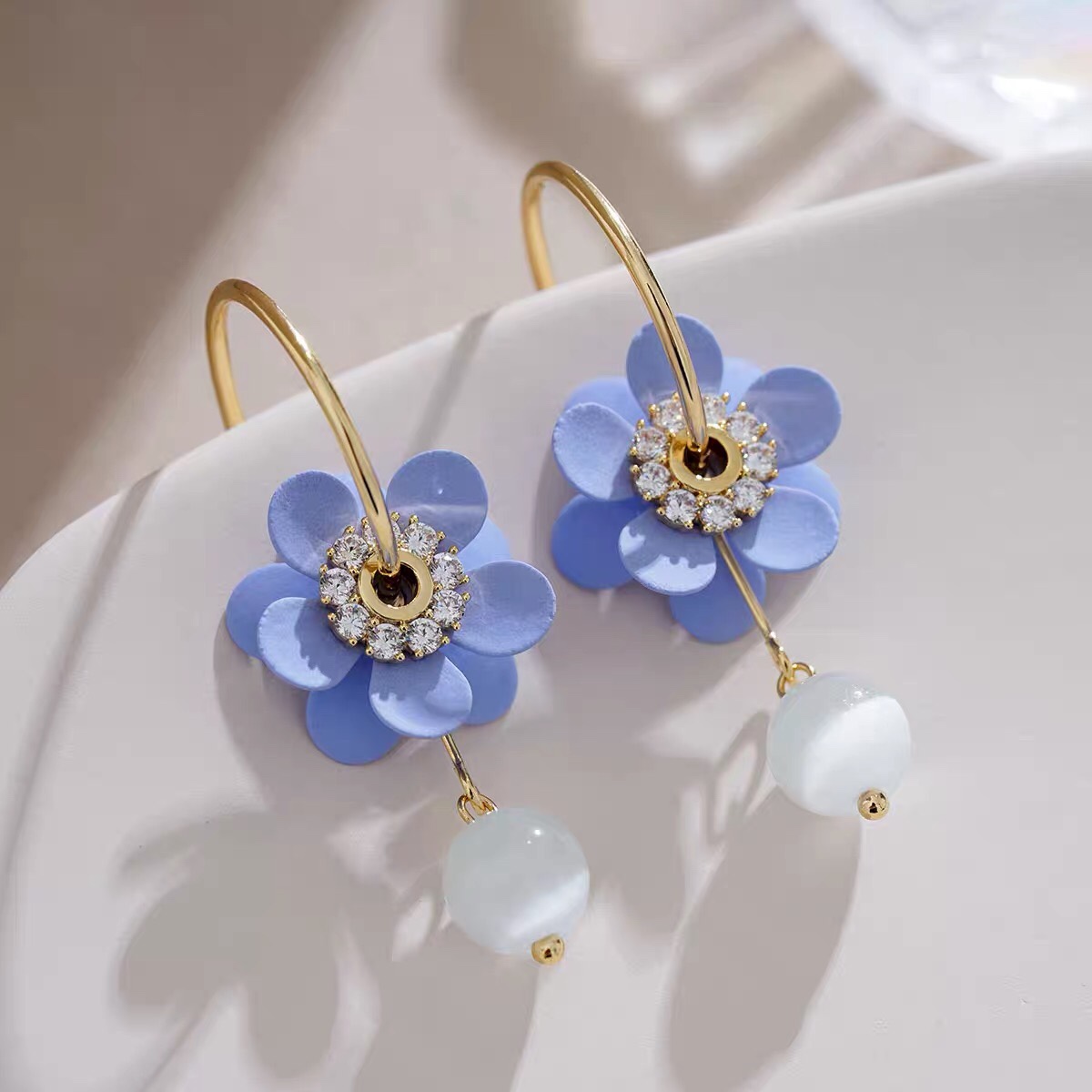Blue flower earrings, gentle stud earrings, summer freshness earrings, Jieya steel jewelry