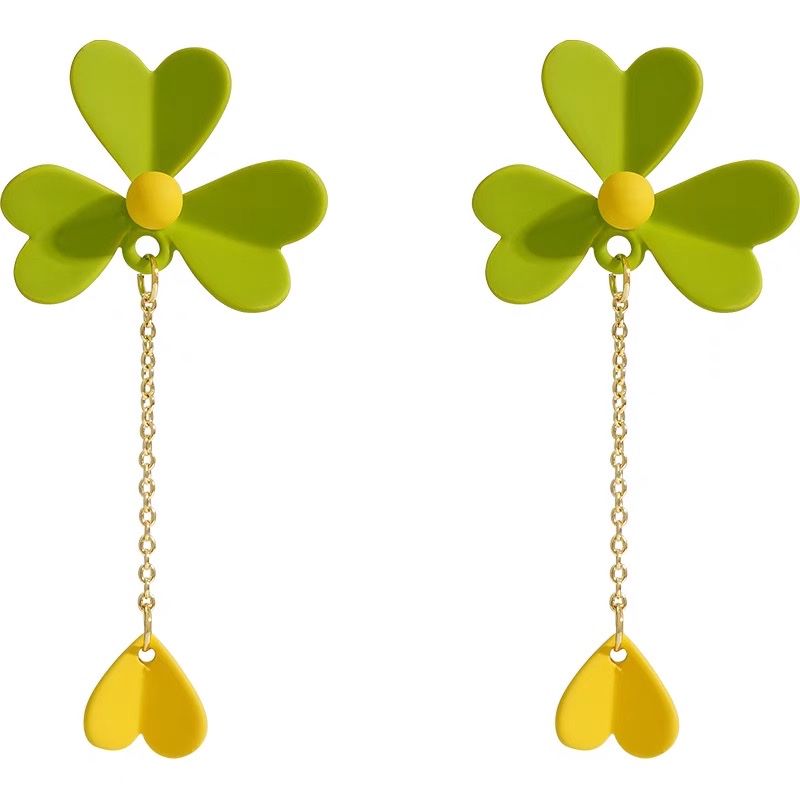 Three-leaf flower design niche earrings, summer style earrings, new elegant style, green Jaya steel jewelry detail image 4