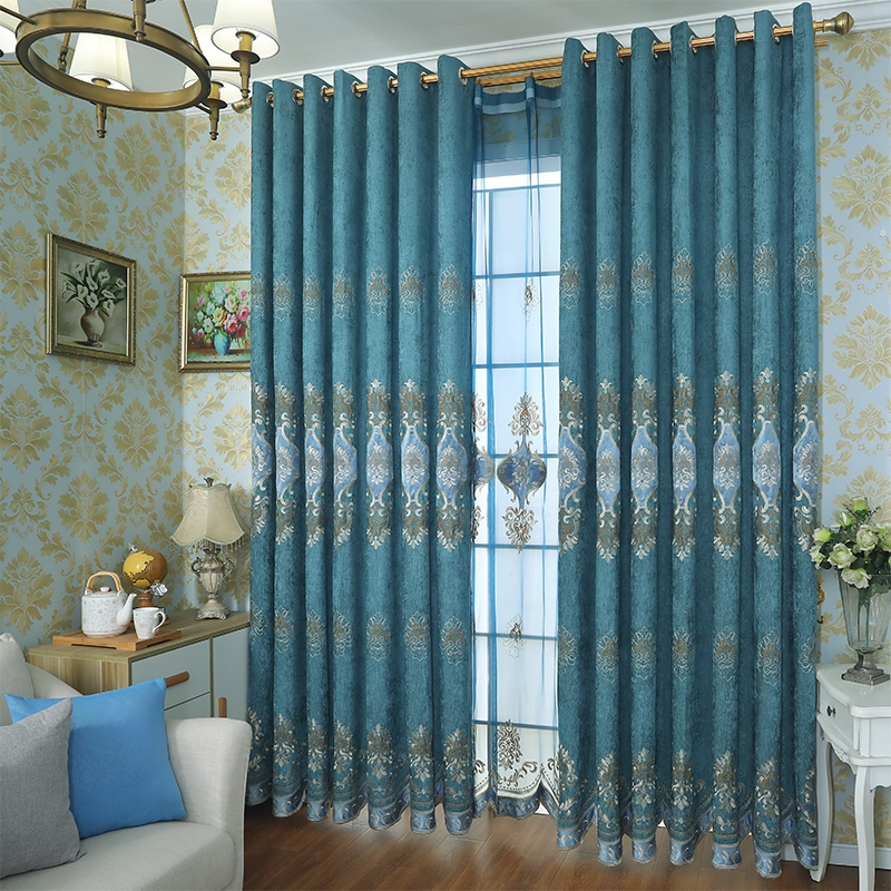 欧式绣花遮光窗帘蓝色雪尼尔布料成品定制客厅卧室奢华落地窗帘布图