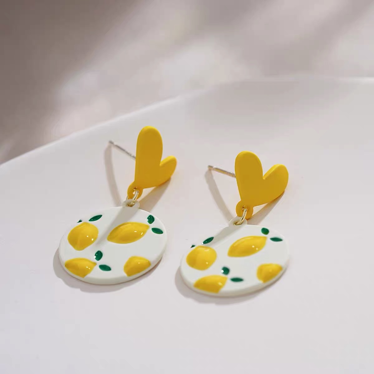 Fresh yellow lemon stud earrings, heart-shaped sweet girl earrings, new Jaya steel jewelry detail image 4