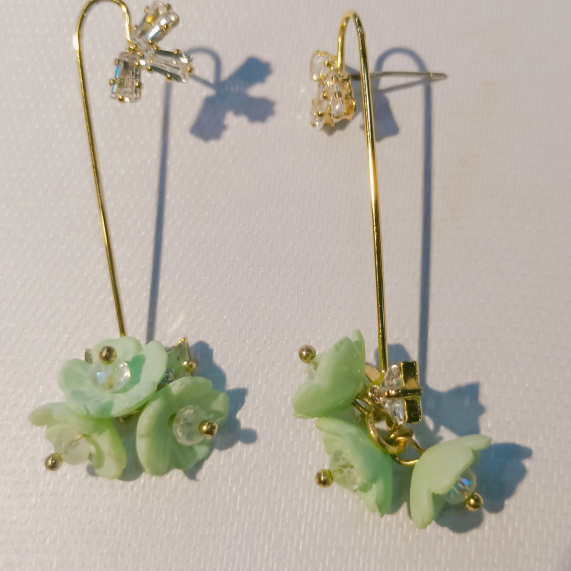 绿色花合并银针耳钉耳环