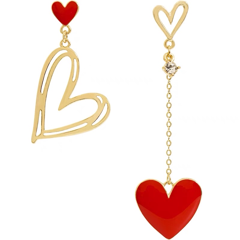 Big red heart-shaped earrings, long tassels, asymmetrical earrings, niche and elegant Jieya steel jewelry Item Picture