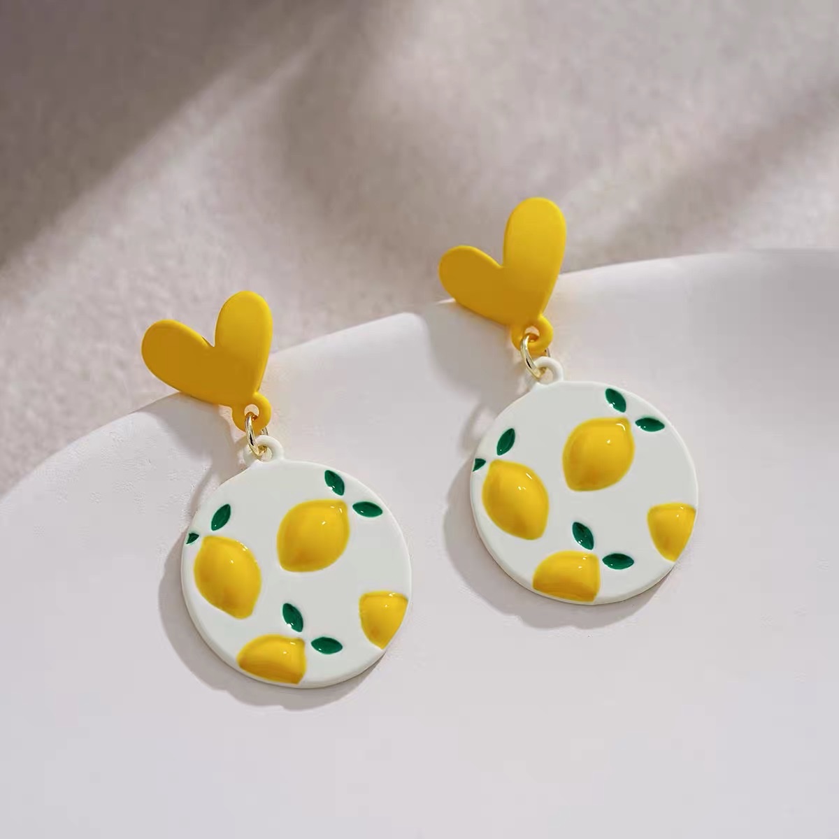 Fresh yellow lemon stud earrings, heart-shaped sweet girl earrings, new Jaya steel jewelry detail image 2