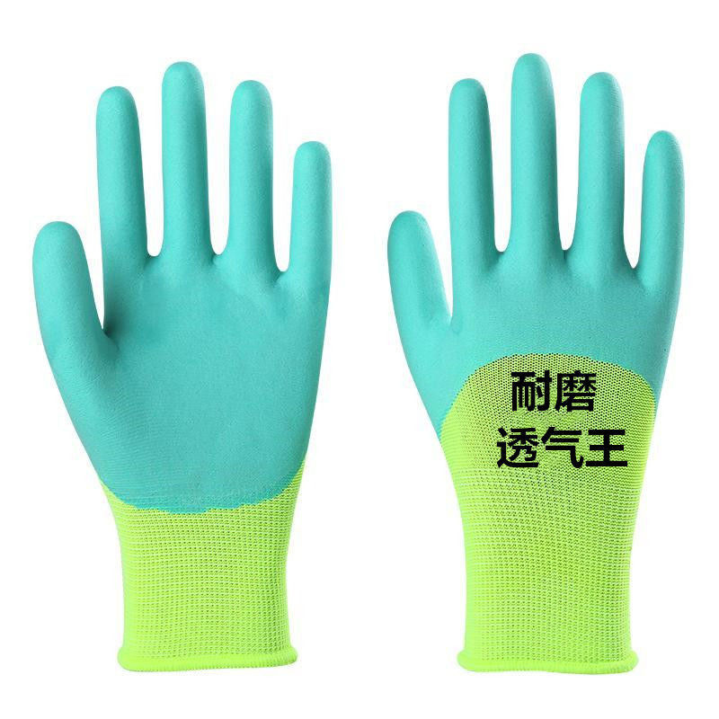 Guantes protección laboral guantes de goma resistentes al desgaste cuero de goma antideslizante duradero pegamento impregnado transpirable sitio de trabajo trabajo de hombres y mujeres verde