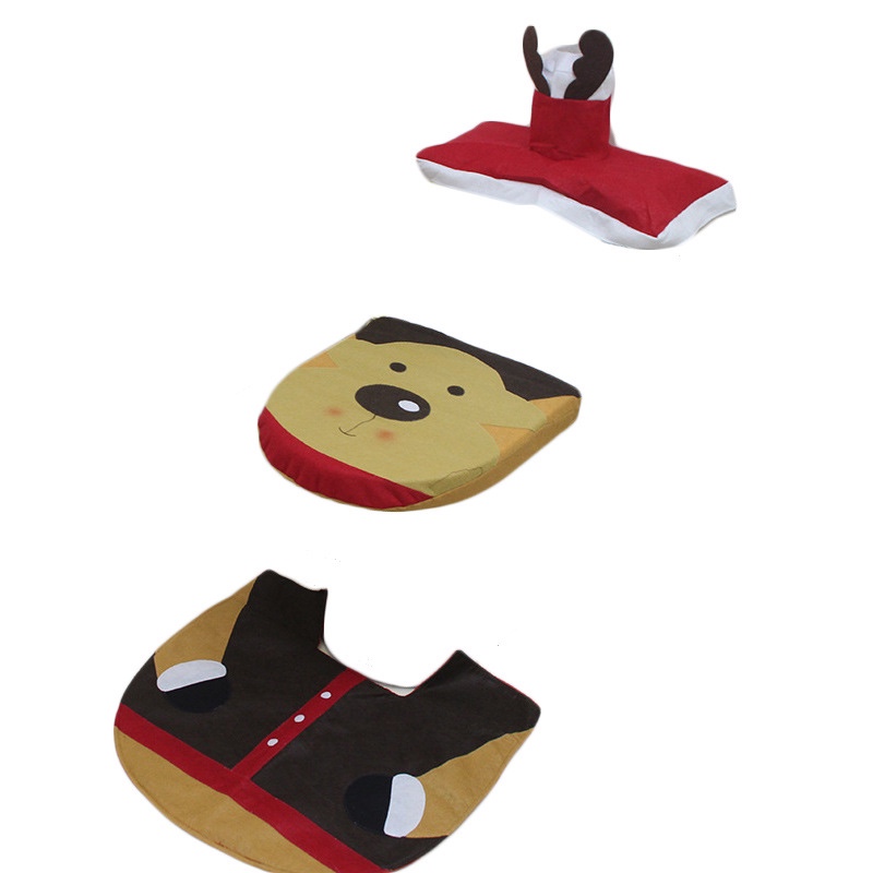 圣诞马桶盖套 老人雪人浴室三件套马桶坐便垫脚垫水箱盖纸巾套装 麋鹿