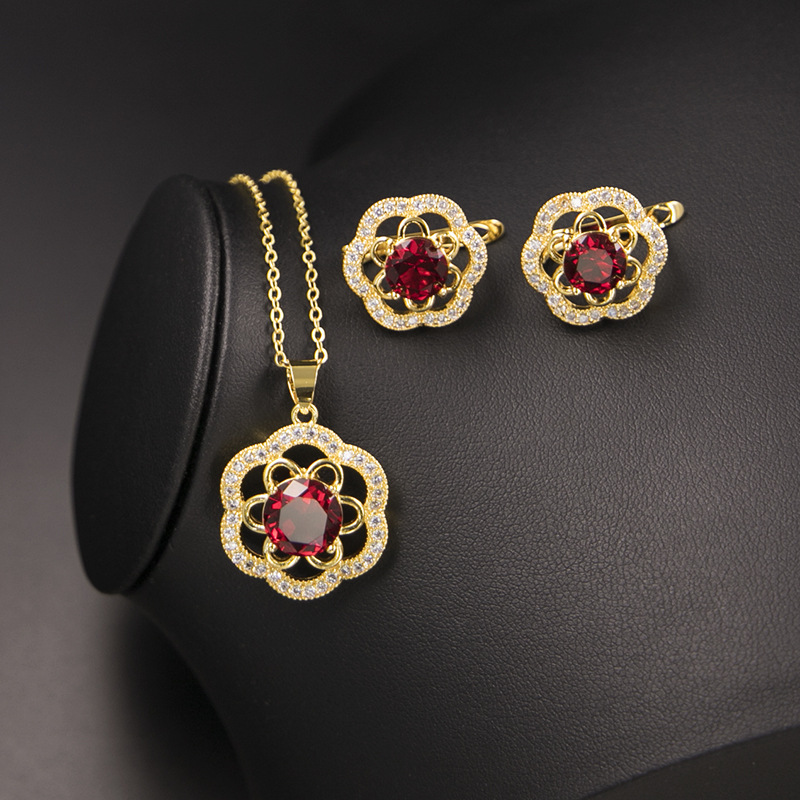 Quality Gold plated Rose set Ruby temperament plated real gold necklace earrings jewelry set