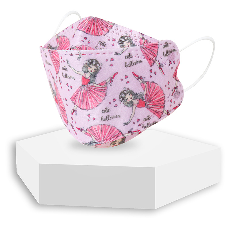 新款儿童卡通印花KF94熔喷布无纺布四层防护立体一次性鱼形口罩玫红