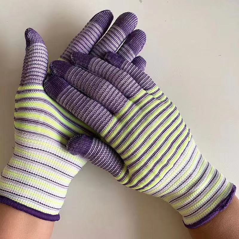 Work Gloves Protection Thin 13 Knitted Nylon Gloves Core Stripe Color Breathable Work Stick Hand Electronics Factory Purple full figure