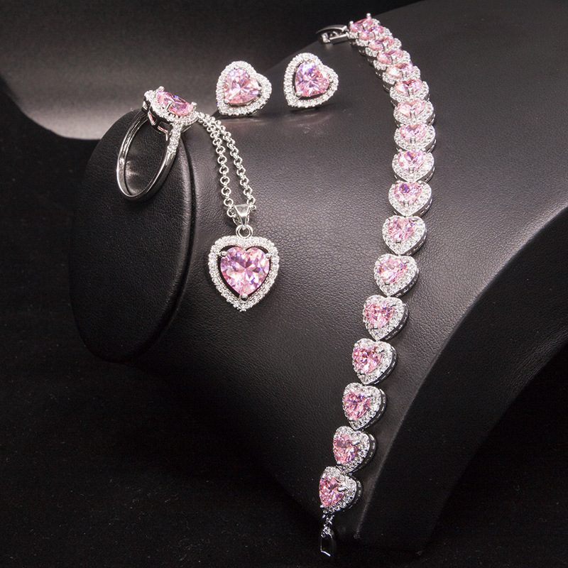 Cross-border supply 2020 new micro inset heart necklace earrings necklace ring jewelry set four sets