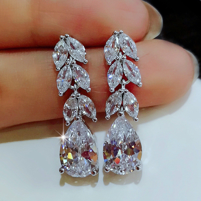 European and American fashion women in the long zirconia earrings leaf drop shape zirconia earrings