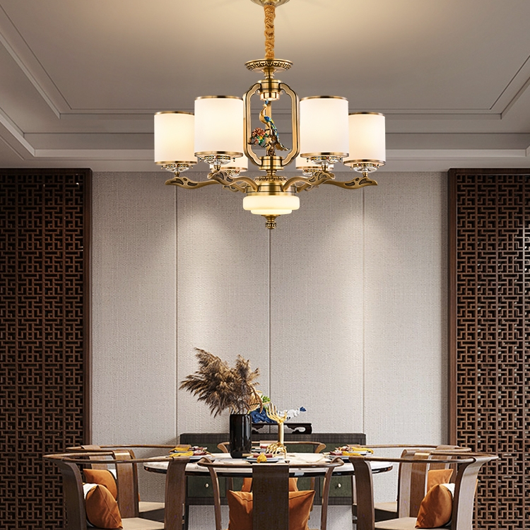 All-copper jade pendant lamp, new Chinese-style grand villa living room and dining room lamp, Chinese-style duplex hall marble copper lamp 3389