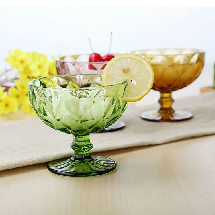 Factory direct sales of large rhombus-shaped creative European retro relief ice cream cups, ice cream bowls, dessert cups and glass highball cups Application Scenario
