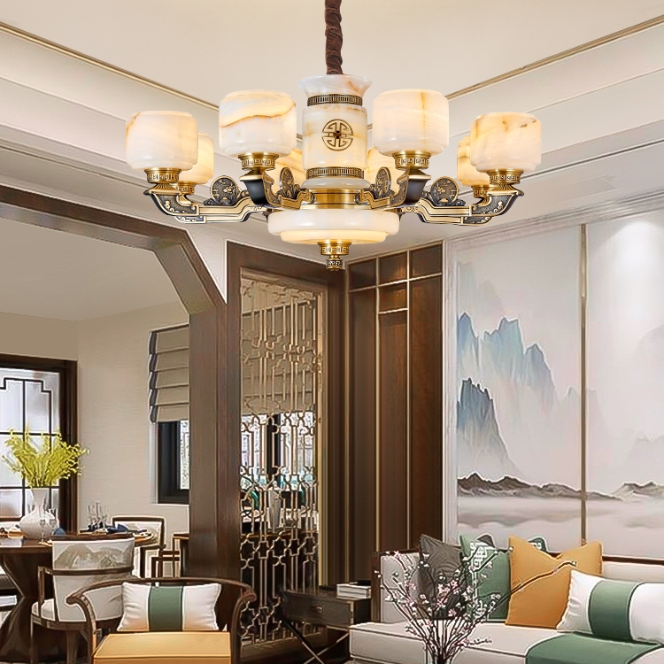 All-copper jade pendant lamp, new Chinese-style grand villa living room and dining room lamp, Chinese-style duplex hall marble copper lamp 768