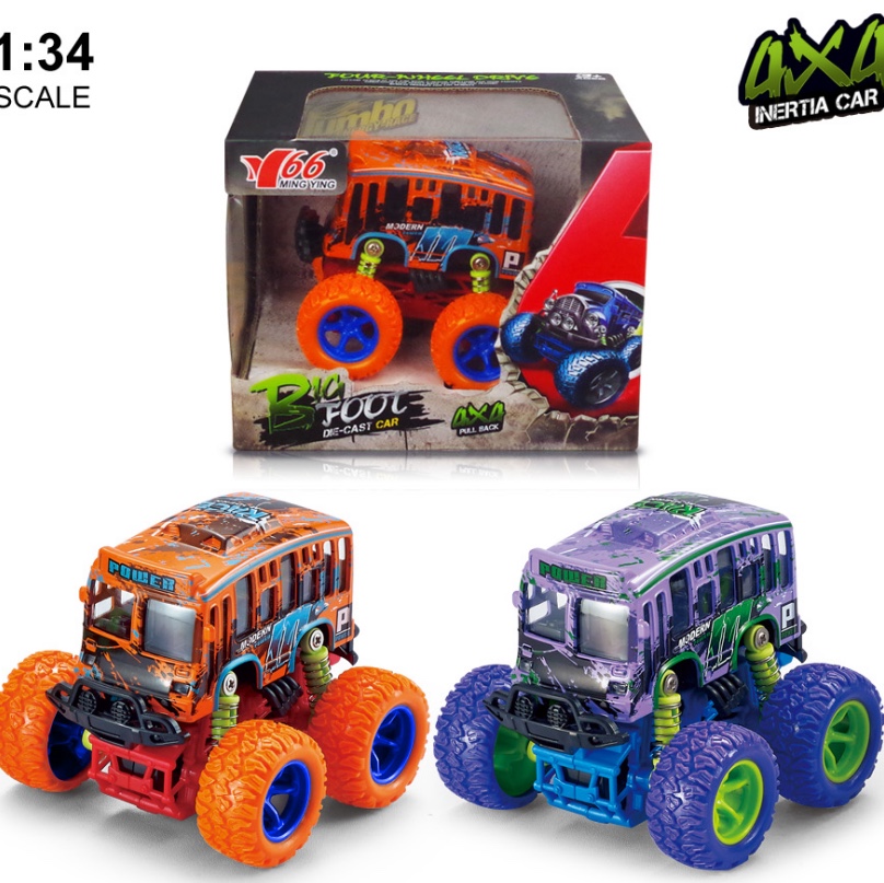 One Q-version alloy inertial four-wheel drive off-road large wheel with spring shock absorption graffiti (single-decker) bus in two mixed colors