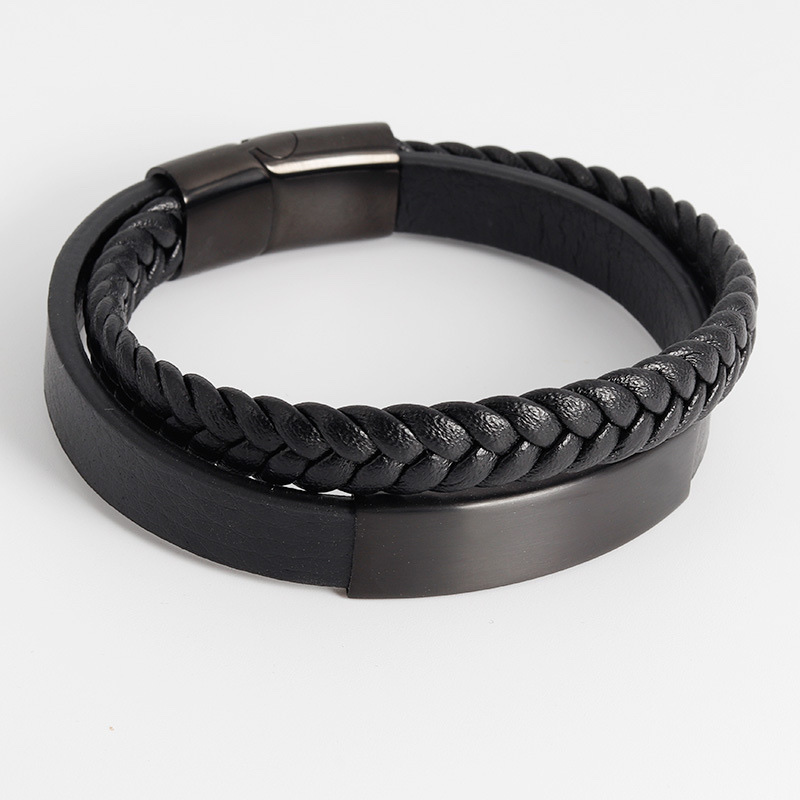 Titanium steel bracelet, leather rope bracelet, men's stainless steel genuine leather woven bracelet, handcrafted multi-layer leather bracelet jewelry detail image 3