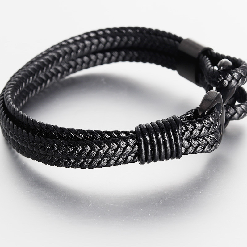 European and American men's titanium steel bracelet, black cowhide woven ship anchor, stainless steel genuine leather bracelet, leather rope Specification image