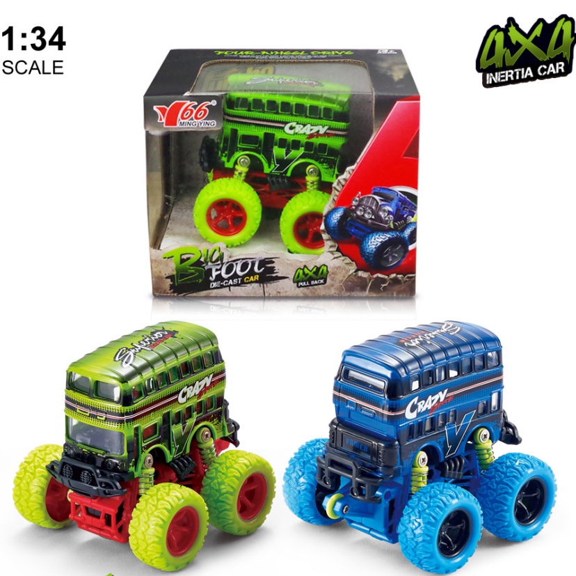 One Q-version alloy inertial four-wheel drive off-road large wheel with spring shock absorption graffiti (double-decker) bus in two mixed colors