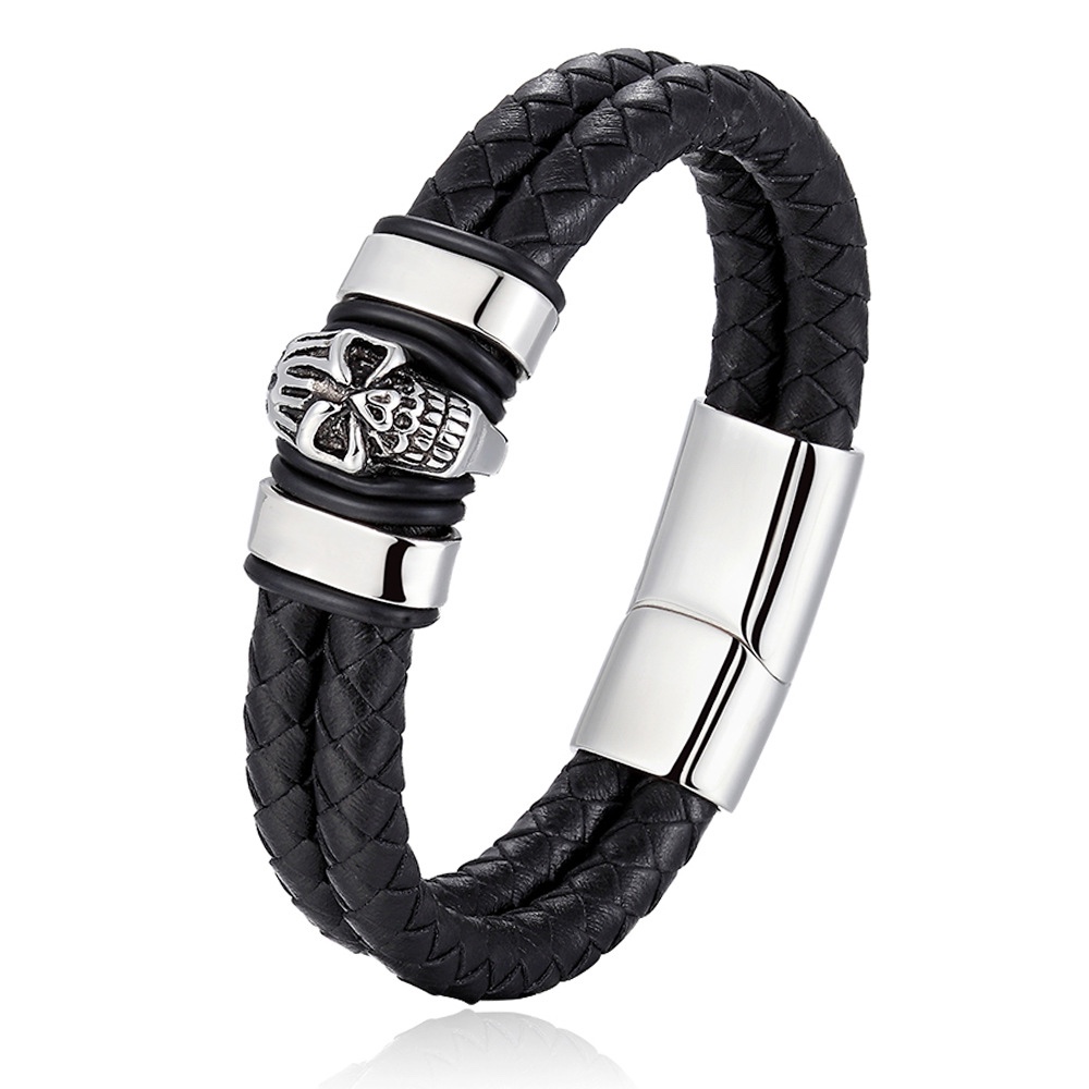 European and American men's genuine leather titanium steel bracelet, double-loop black braided rope skull head stainless steel bracelet