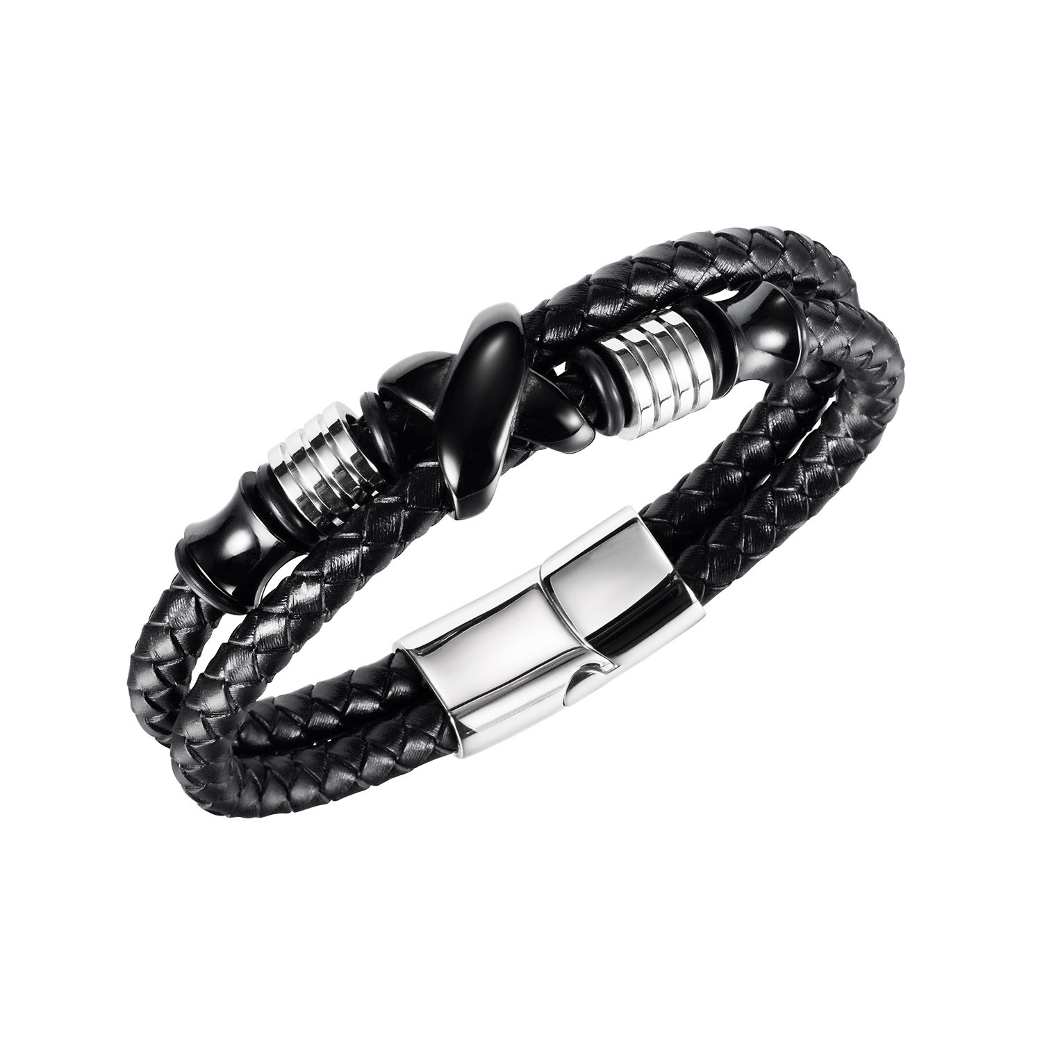 New European and American fashionable bracelet accessories supply, European and American retro double-layer fashionable stainless steel bracelets, men's leather bangles, genuine leather stainless steel bracelets, men's bracelets detail image 2