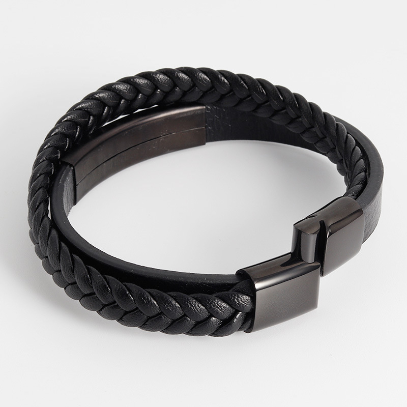 Titanium steel bracelet, leather rope bracelet, men's stainless steel genuine leather woven bracelet, handcrafted multi-layer leather bracelet jewelry detail image 2