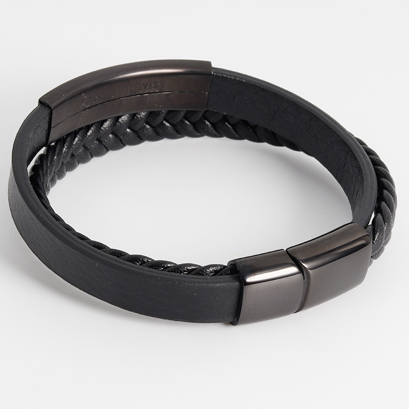 Titanium steel bracelet, leather rope bracelet, men's stainless steel genuine leather woven bracelet, handcrafted multi-layer leather bracelet jewelry detail image 4