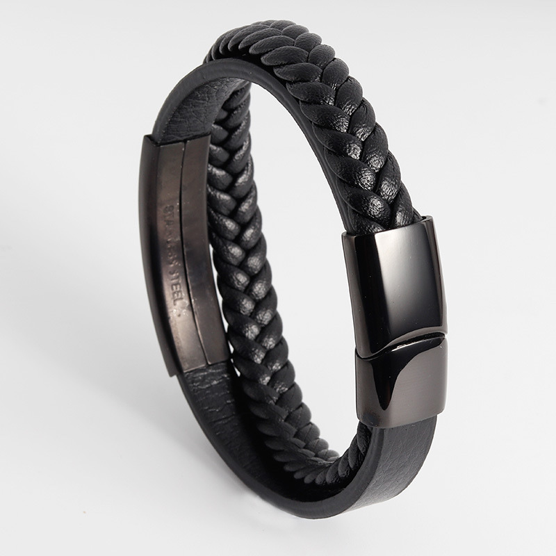 Titanium steel bracelet, leather rope bracelet, men's stainless steel genuine leather woven bracelet, handcrafted multi-layer leather bracelet jewelry detail image 5