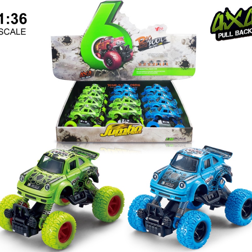 Q版合金前后回力带弹簧避震攀爬大轮（小保时捷）2开门老爷车1款2色混装展示盒