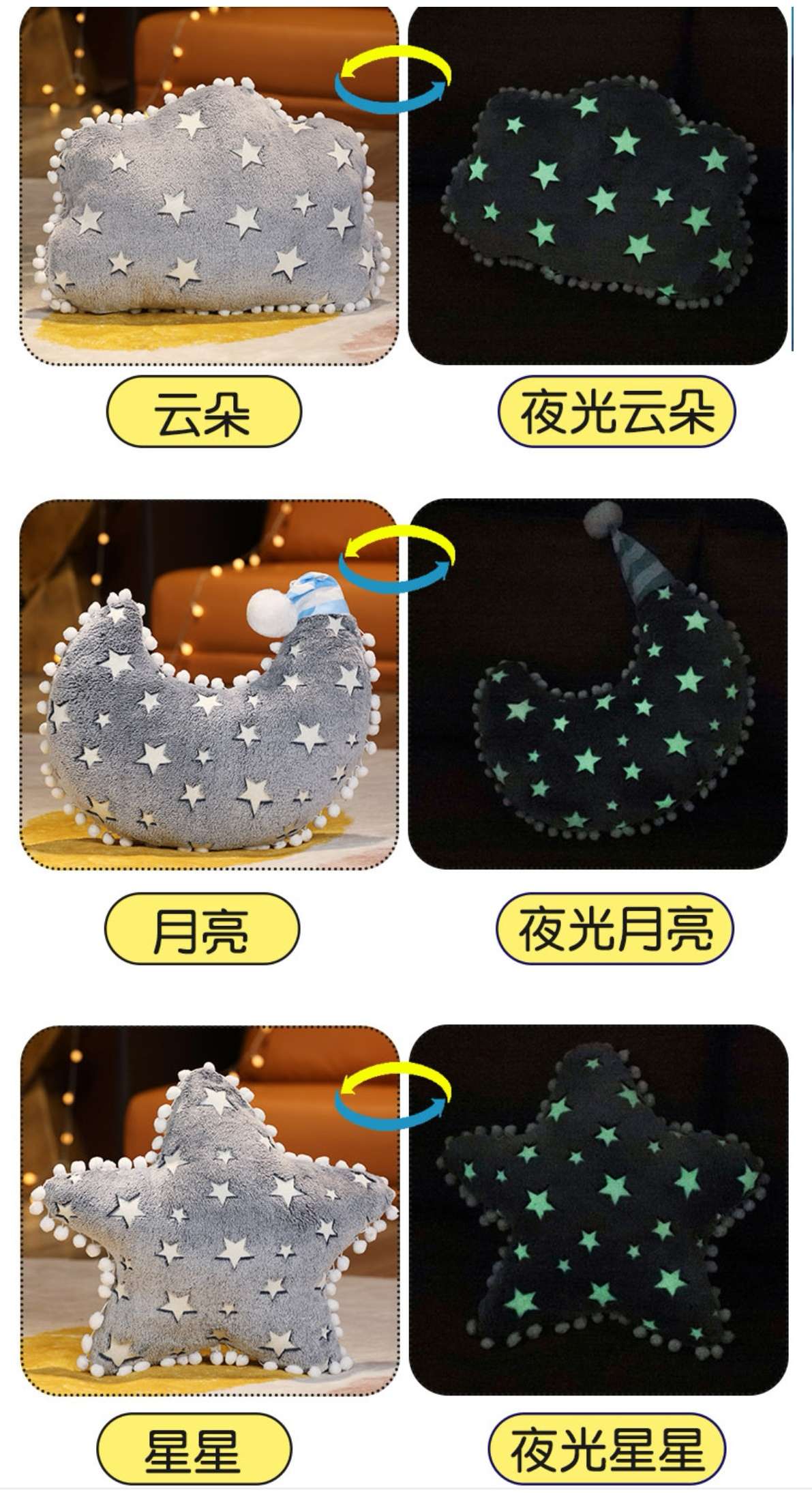 Luminous cushion, moon, stars, clouds, plush cushion, air conditioning blanket, children's cover blanket, starry night luminous blanket cushion, 40cm / 60cm. Blankets: 100*90, 180*100cm detail image 14