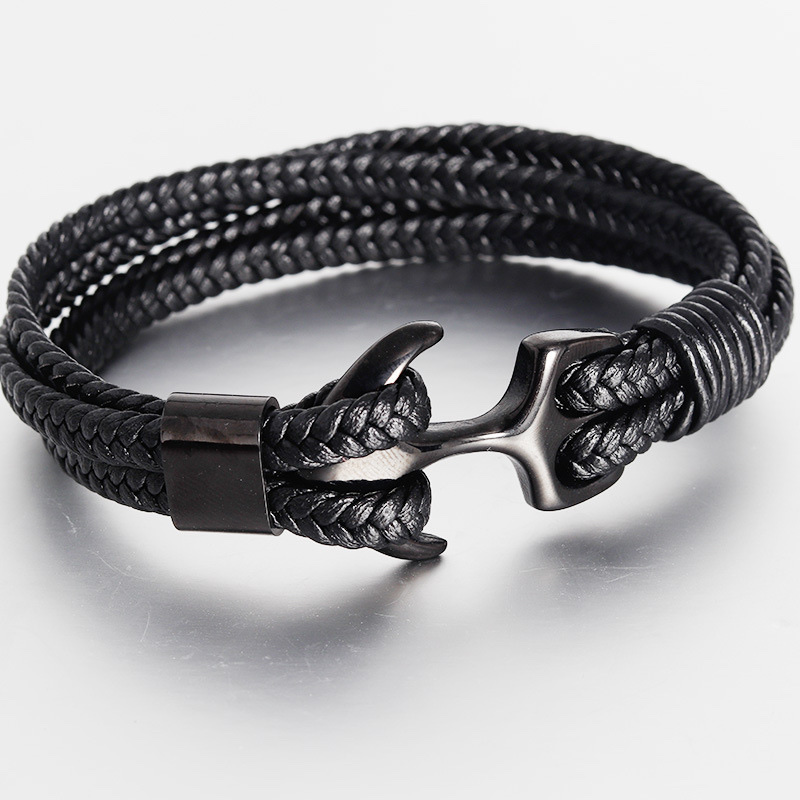 European and American men's titanium steel bracelet, black cowhide woven ship anchor, stainless steel genuine leather bracelet, leather rope detail image 1