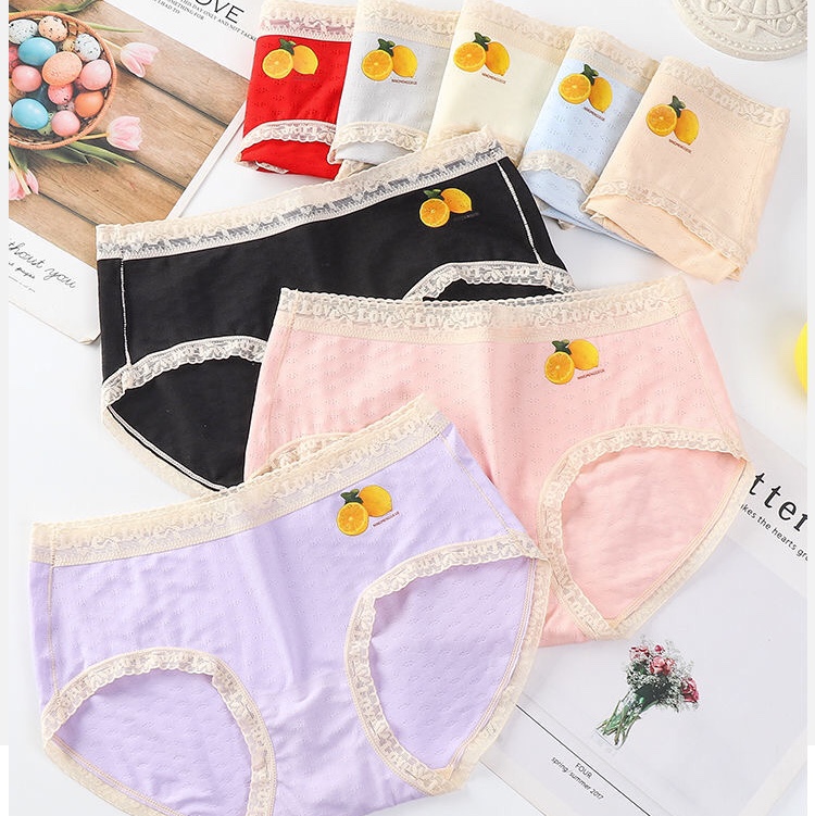 [Pink Zhi Blue] Autumn And Winter New: Lemon Vitamin C. Oxygen Pants Rc Pure Cotton Breathable Mesh 3 Naked Package Lemon C Antibacterial Crotch Comfortable Antibacterial Mid-Waist Women's Underwear