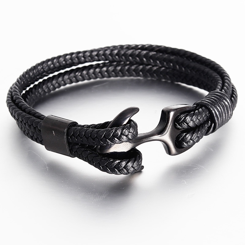 European and American men's titanium steel bracelet, black cowhide woven ship anchor, stainless steel genuine leather bracelet, leather rope