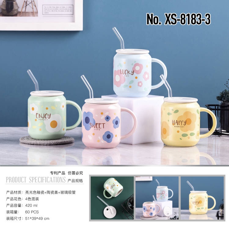 Nordic-style ceramic water cup, office cup, mug with lid and spoon, daily-use cup, cartoon cup 1355 Application Scenario
