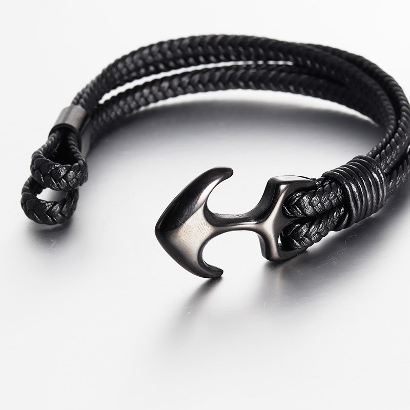 European and American men's titanium steel bracelet, black cowhide woven ship anchor, stainless steel genuine leather bracelet, leather rope detail image 3