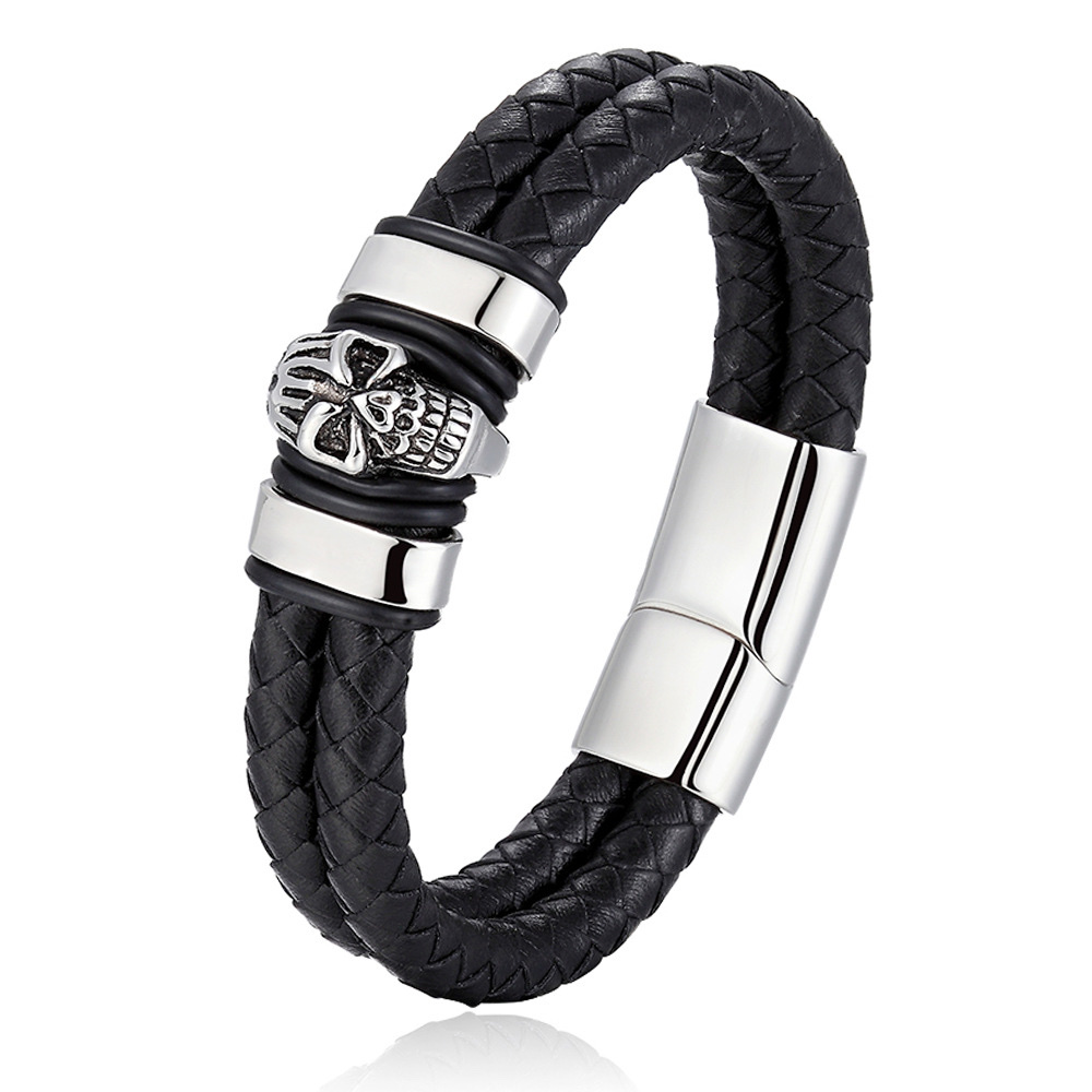 European and American men's genuine leather titanium steel bracelet, double-loop black braided rope skull head stainless steel bracelet detail image 3