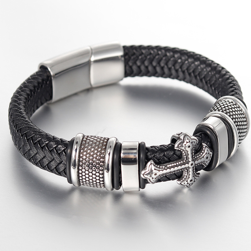 Leather hand-woven bracelet, genuine leather woven cross men's leather bracelet, retro stainless steel leather rope Specification image