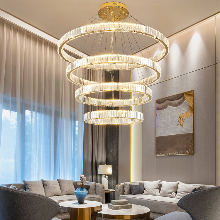 楼中楼客厅大吊灯现代简约多层楼梯灯具复式楼别墅水晶吊灯 金色