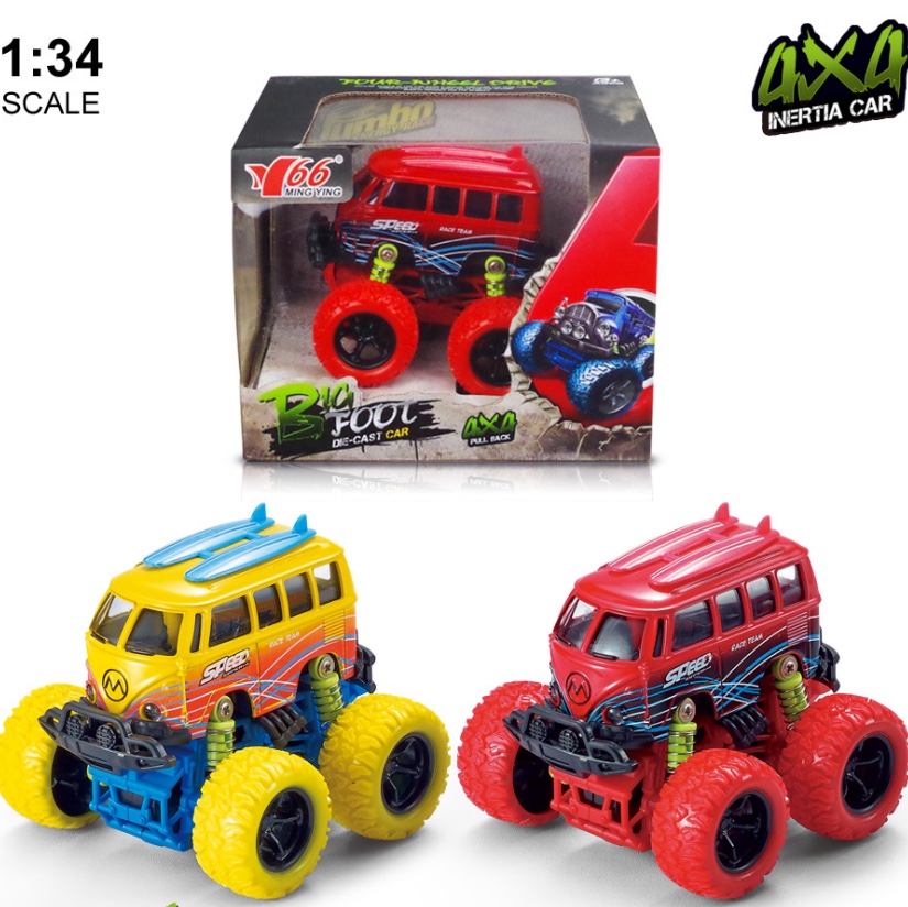 One Q-version alloy inertial four-wheel drive off-road large wheel with spring shock absorption graffiti (school bus) bus in two mixed colors