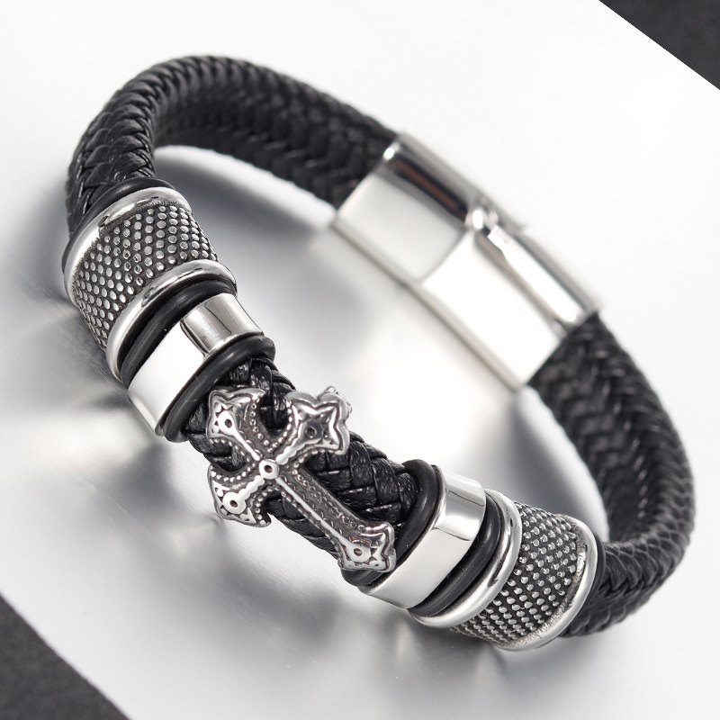 Leather hand-woven bracelet, genuine leather woven cross men's leather bracelet, retro stainless steel leather rope details Picture