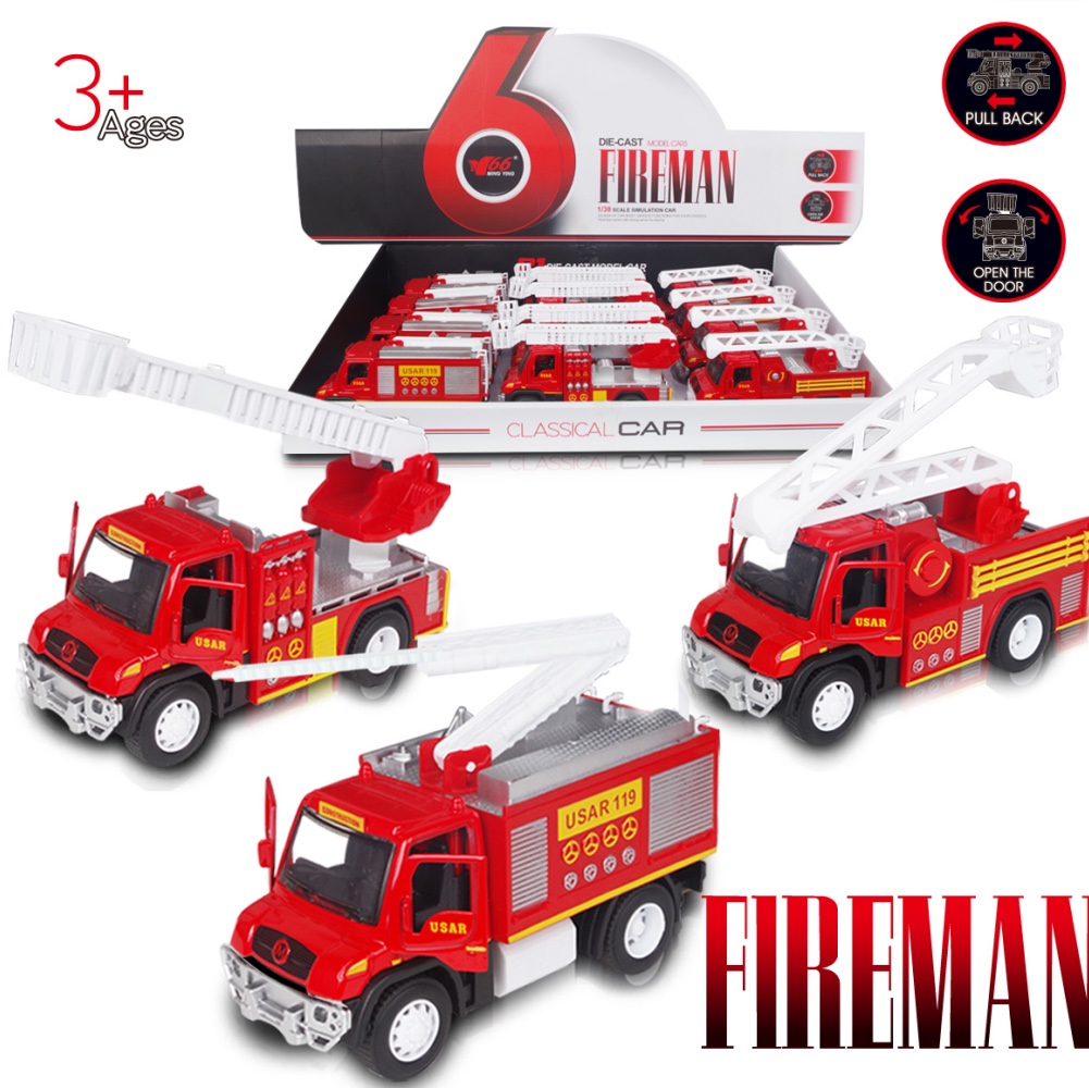 Three 1:38 alloy recoil two-door fire engines are mixed