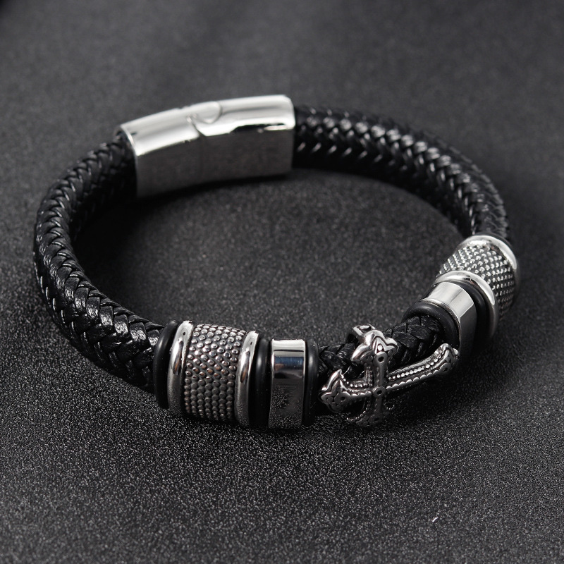 Leather hand-woven bracelet, genuine leather woven cross men's leather bracelet, retro stainless steel leather rope detail image 4