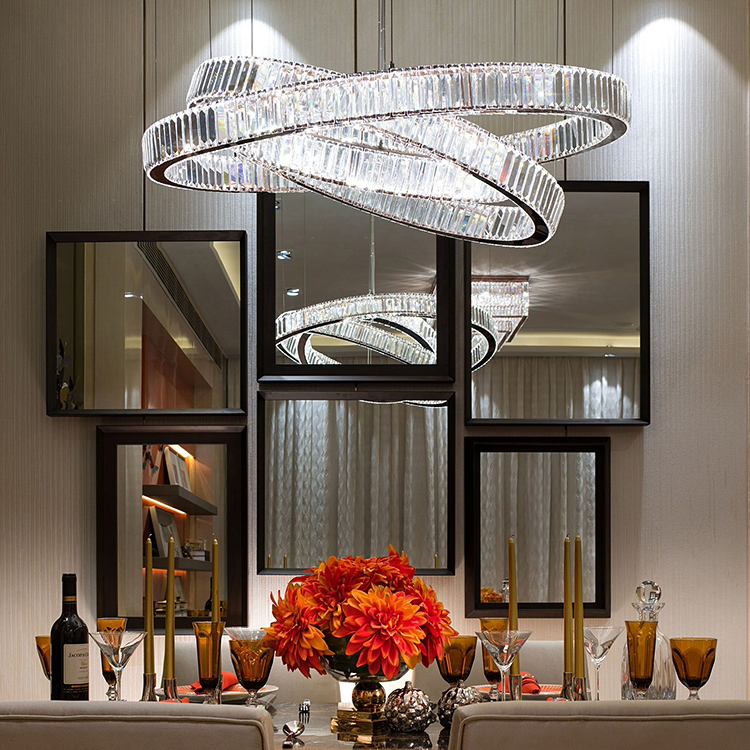 Modern and simple three-headed ring pendant lamp in the living room and dining room, creative and personalized led crystal lamp in platinum