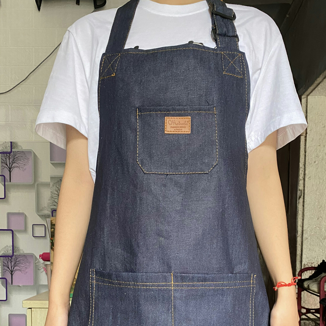 Korean Fashion Adult Square Pocket Denim Apron, Restaurant Florist Hanging Neck Adjustable Work Apron