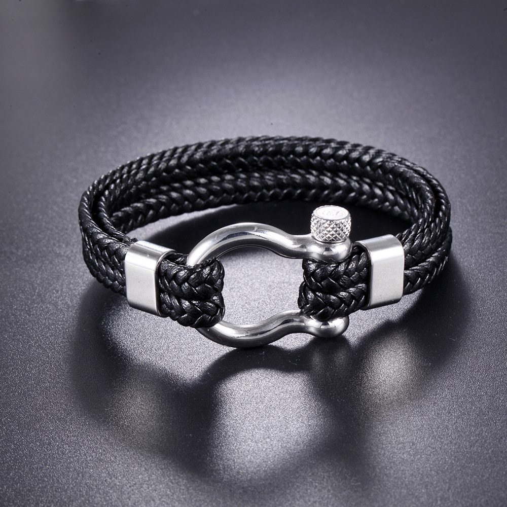 Amazon European and American men's titanium steel bracelet, personalized cowhide woven anchor, stainless steel bracelet, leather rope detail image 2